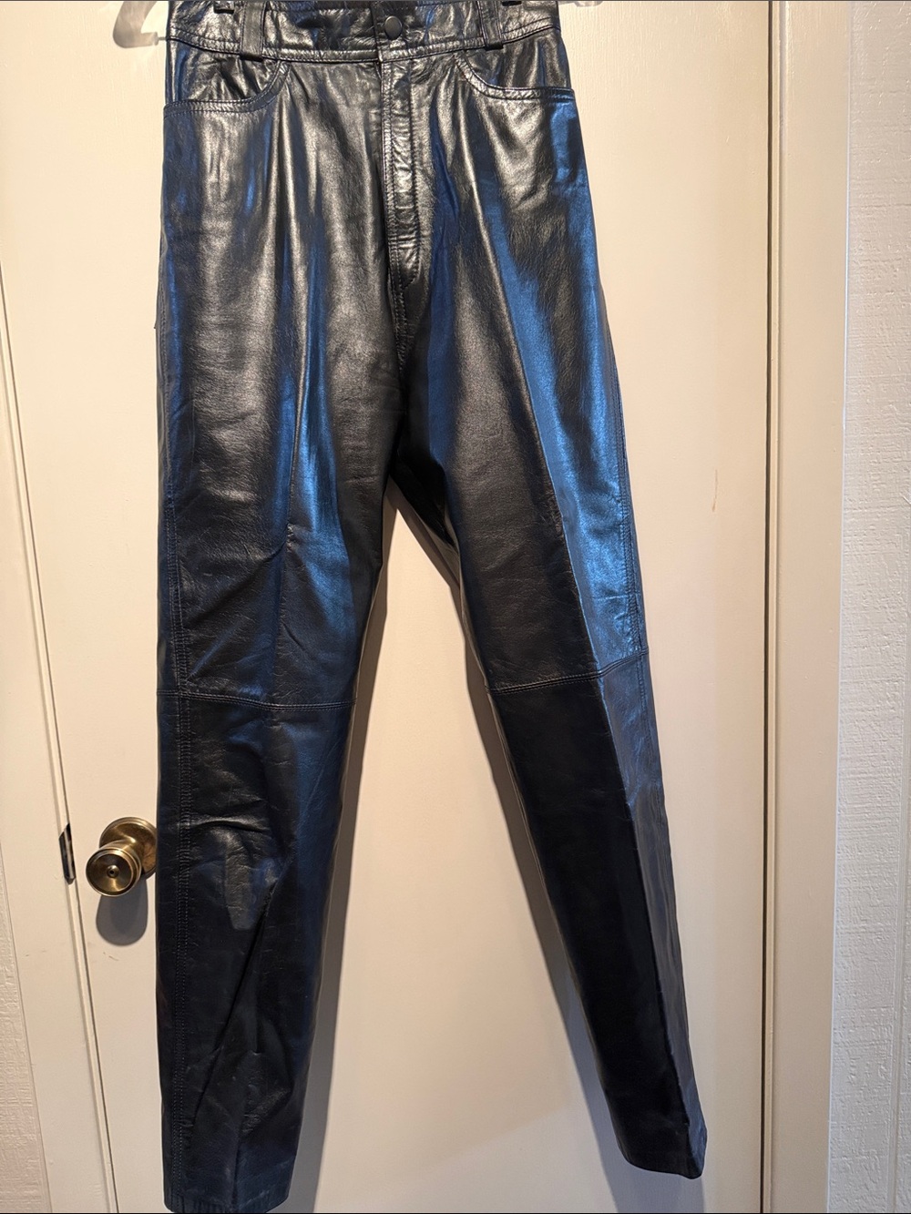 Vintage Avanti Black Leather Tapered-Leg Pants, lined, made in Korea